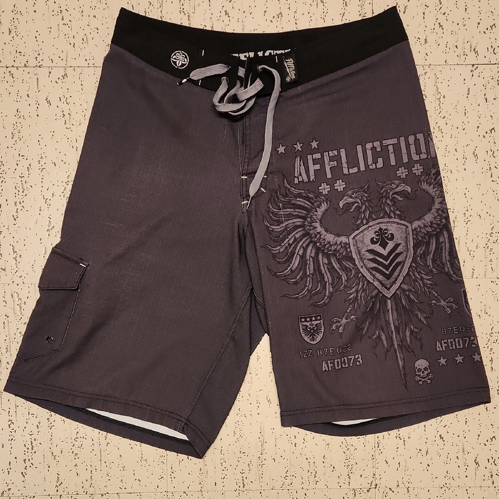 Affliction Embroidered Spell Out Logo Full Graphic Shorts Grey And Black